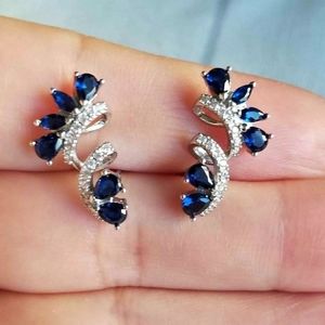 New 925 Silver Blue Sapphire Diamond Flower Stud Earrings for Women